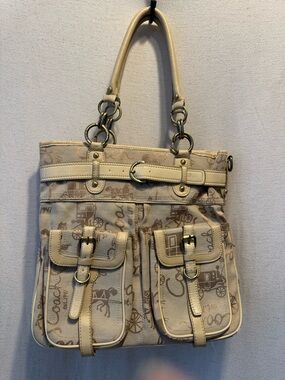 Coach Horse Carriage Jacquard Pocket Tote Cream Y2K